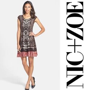 NIC+ZOE Women's Patterned Brown and Red Mini Dress Sz. M